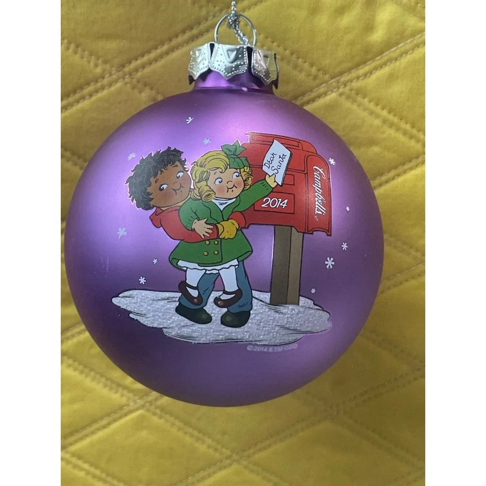 Campbells Soup Kids 2014 Christmas Ball Ornament Purple Satin Glass Glitter 3in